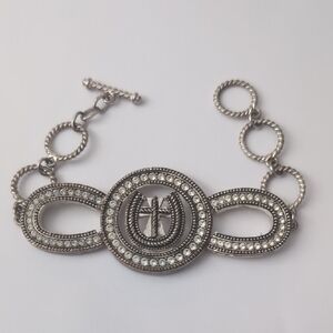 Silver Horseshoe Cross Medallion Bracelet‎ Rhinestone Accents With Toggle Clasp